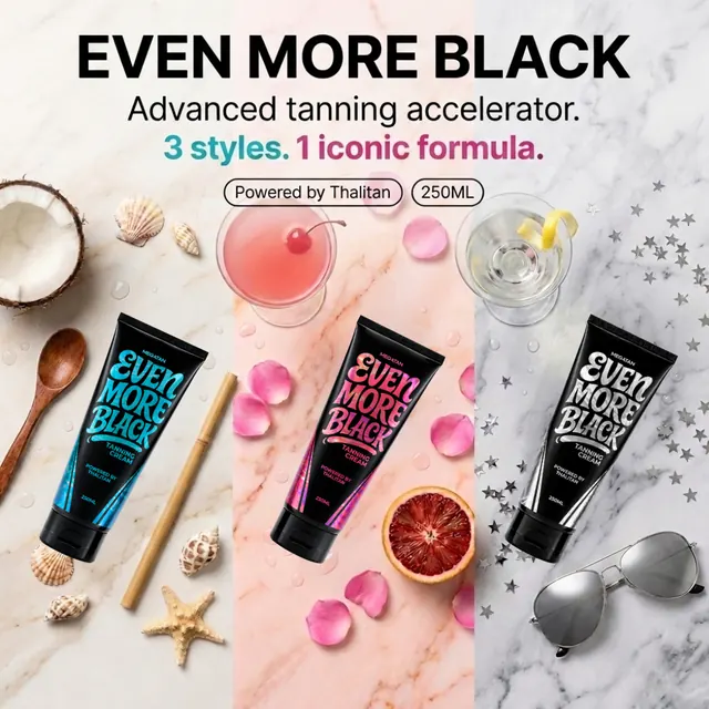 Even More Black sunbed accelerator in its three editions, including Blue Lagoon